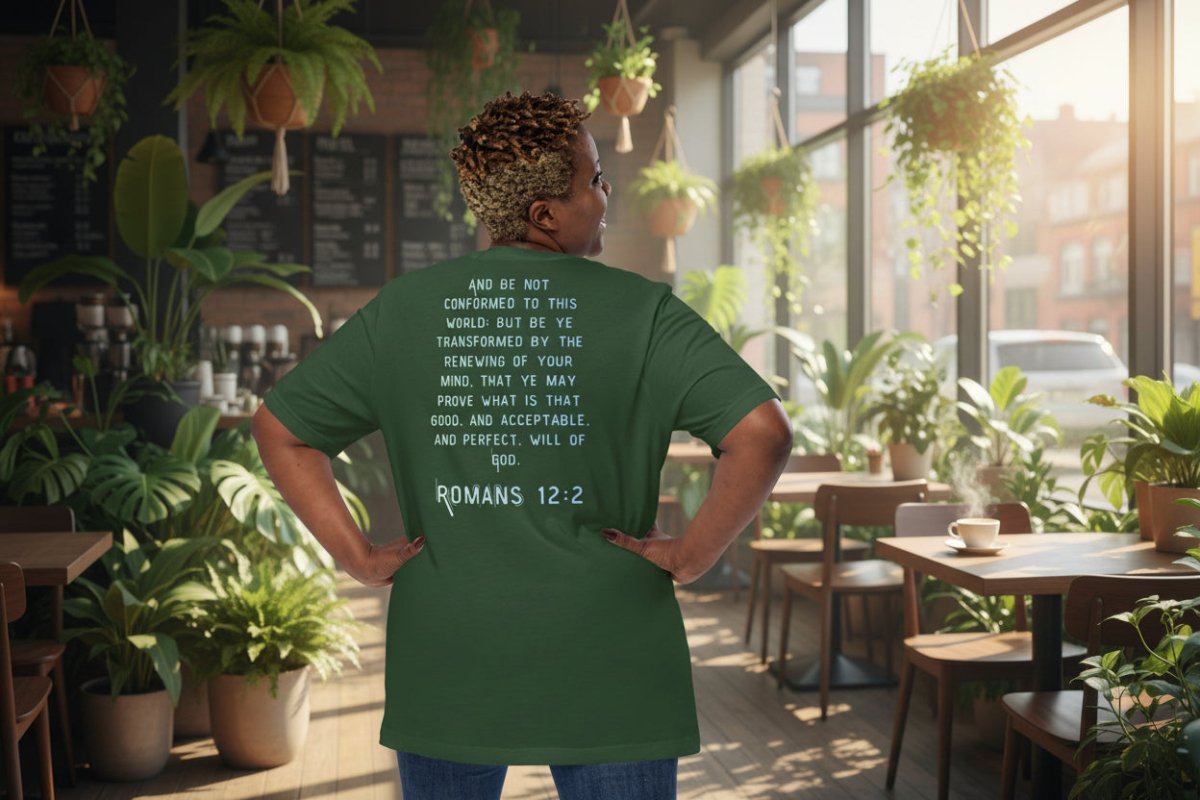 Truth Matters Romans 12:2 T-Shirt back with full KJV verse “And be not conformed to this world…” in clean readable font in forest green.