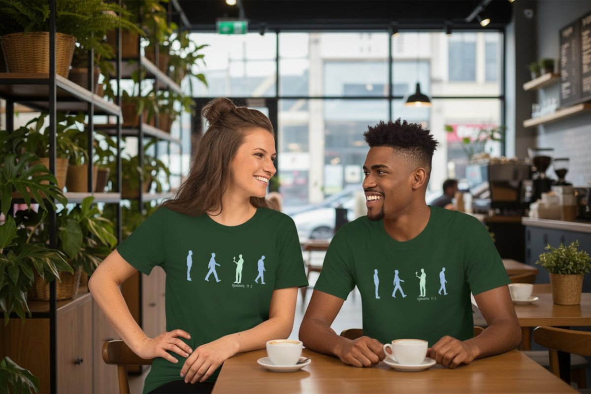 Truth Matters Romans 12:2 T-Shirt front with “Be Not Conformed” silhouette design, small cross, and clean typography in green