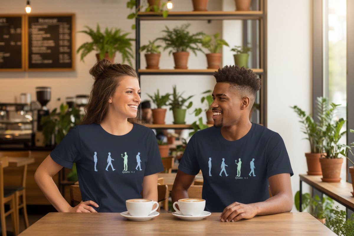 Truth Matters Romans 12:2 T-Shirt front with “Be Not Conformed” silhouette design, small cross, and clean typography