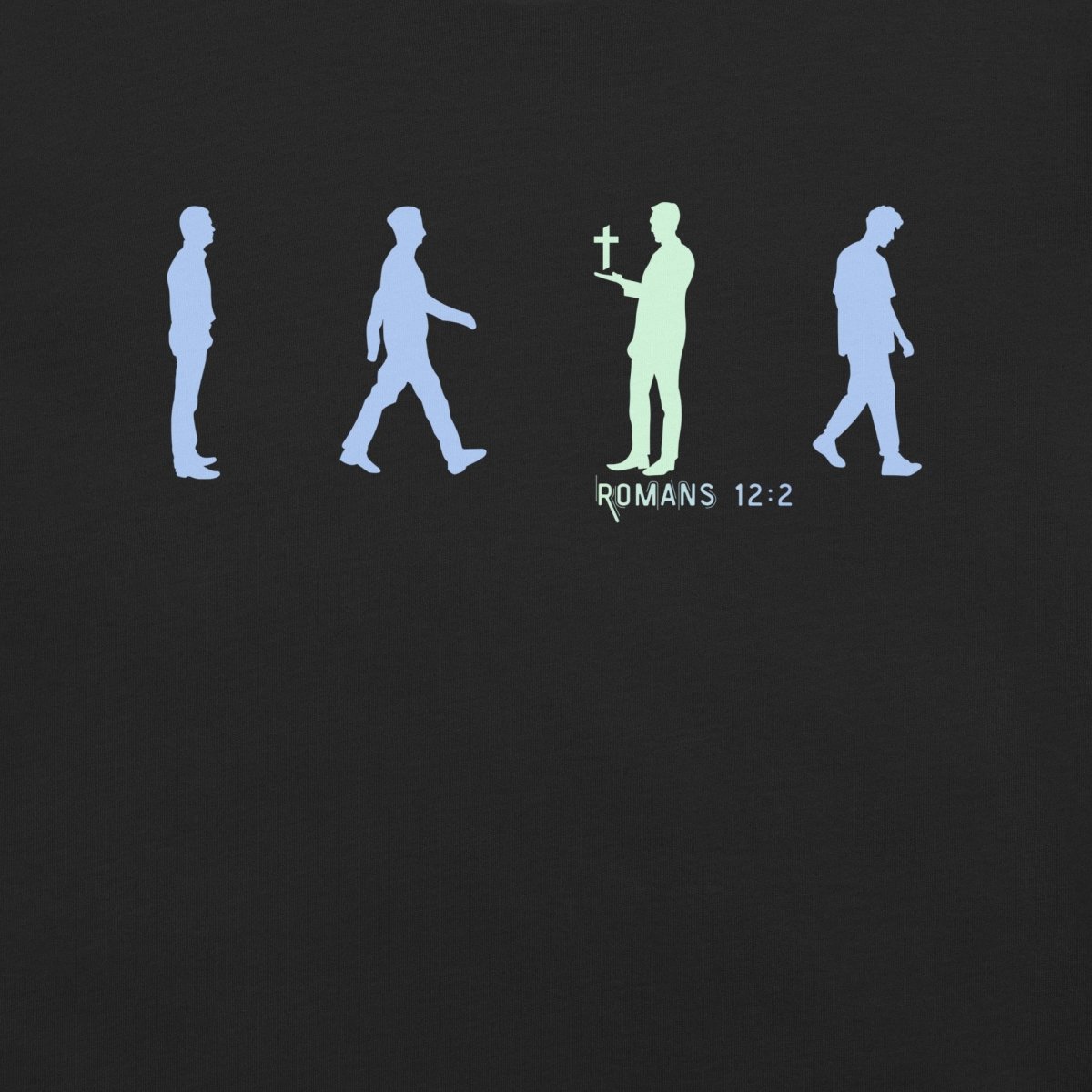 Truth Matters Romans 12:2 T-Shirt front with “Be Not Conformed” silhouette design, small cross, and clean typography zoomed