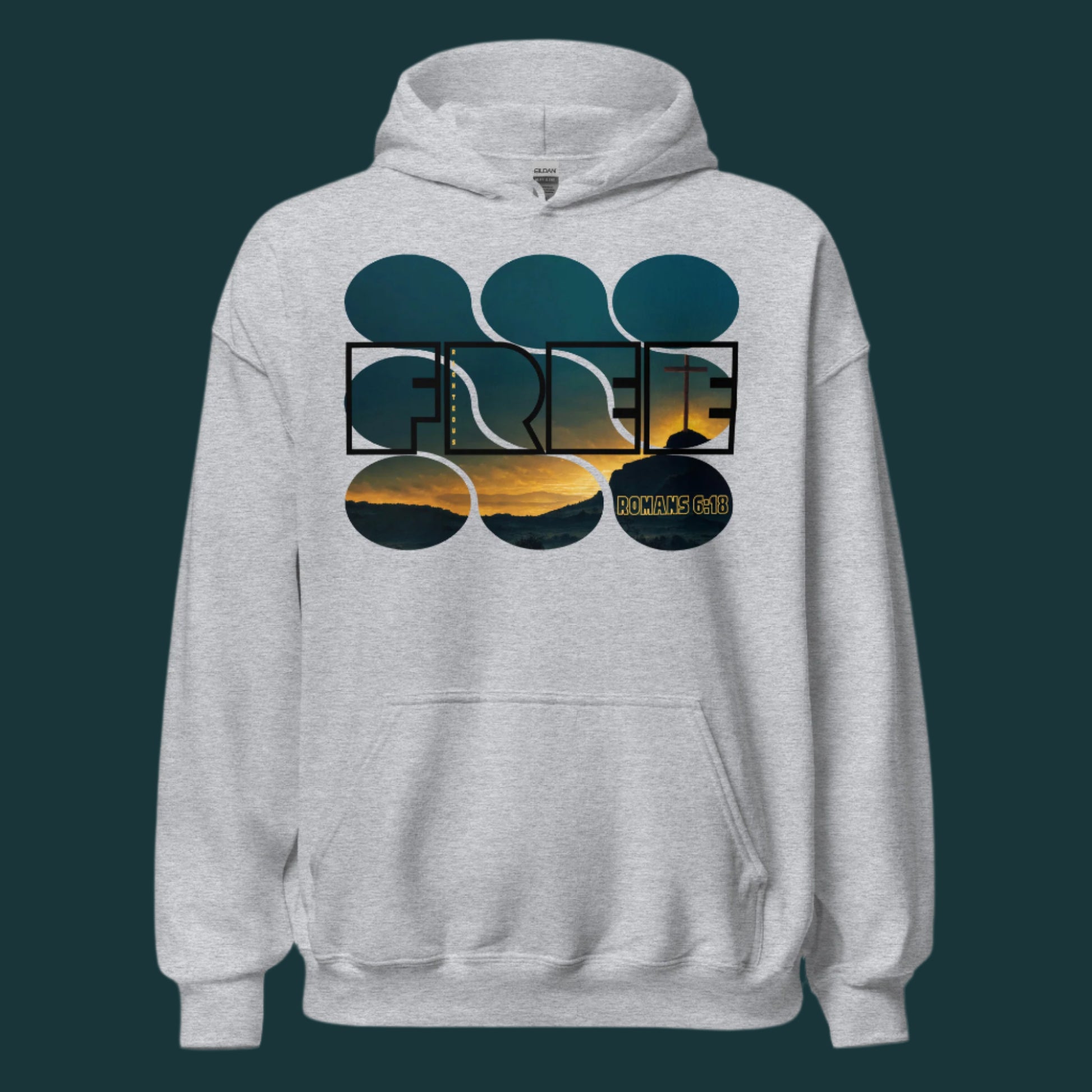 Truth Matters’ Romans 6:18 Hoodie front with ‘FREE’, ‘Righteous’, and sunset cross on cozy cotton-poly in sport grey.