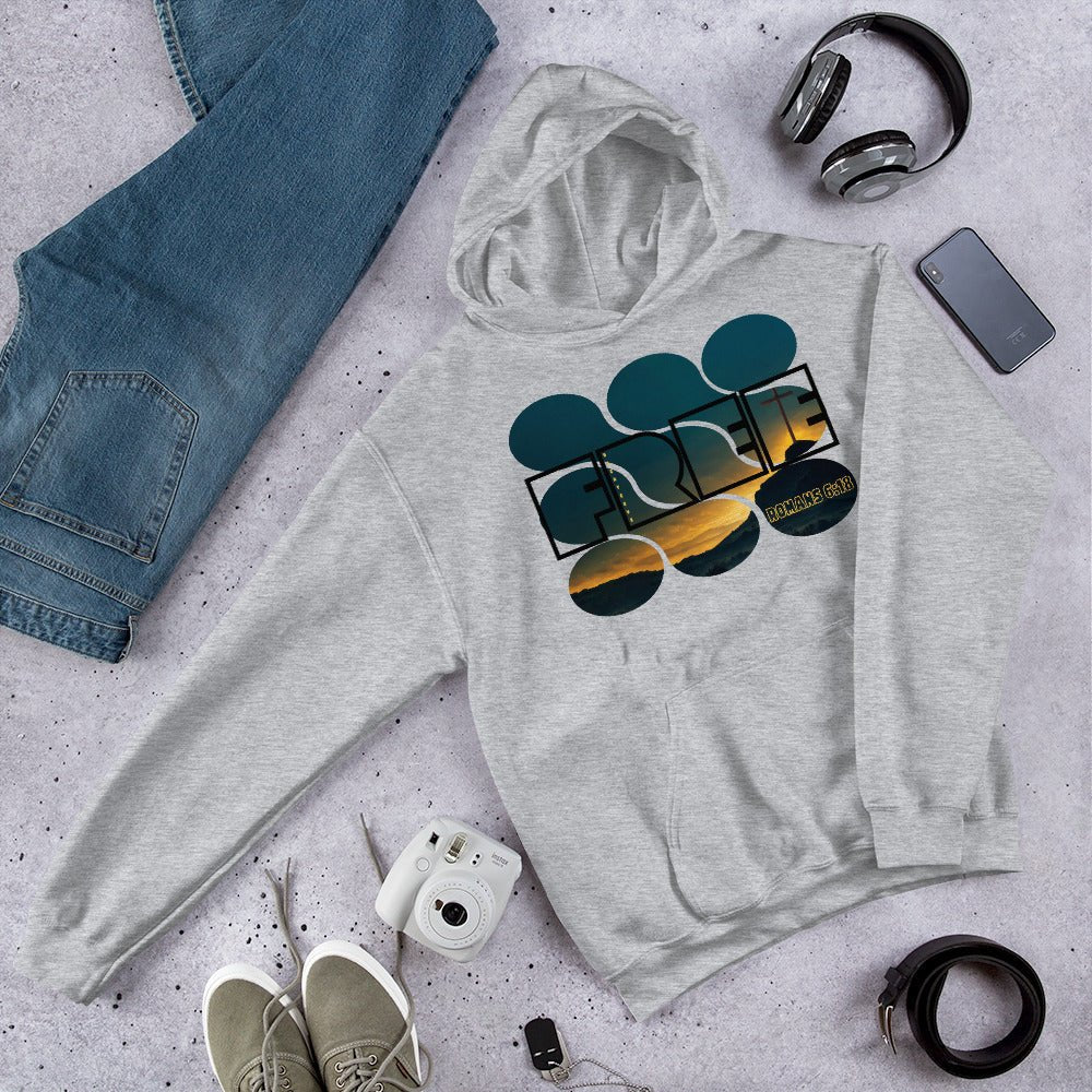 Truth Matters’ Romans 6:18 Hoodie front with ‘FREE’, ‘Righteous’, and sunset cross on cozy cotton-poly.