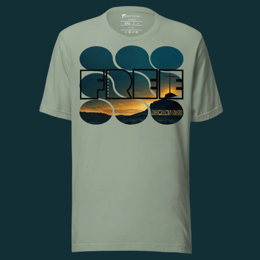Truth Matters’ Romans 6:18 T-Shirt front with ‘FREE’, ‘Righteous’, and sunset cross on soft cotton in Sage. 