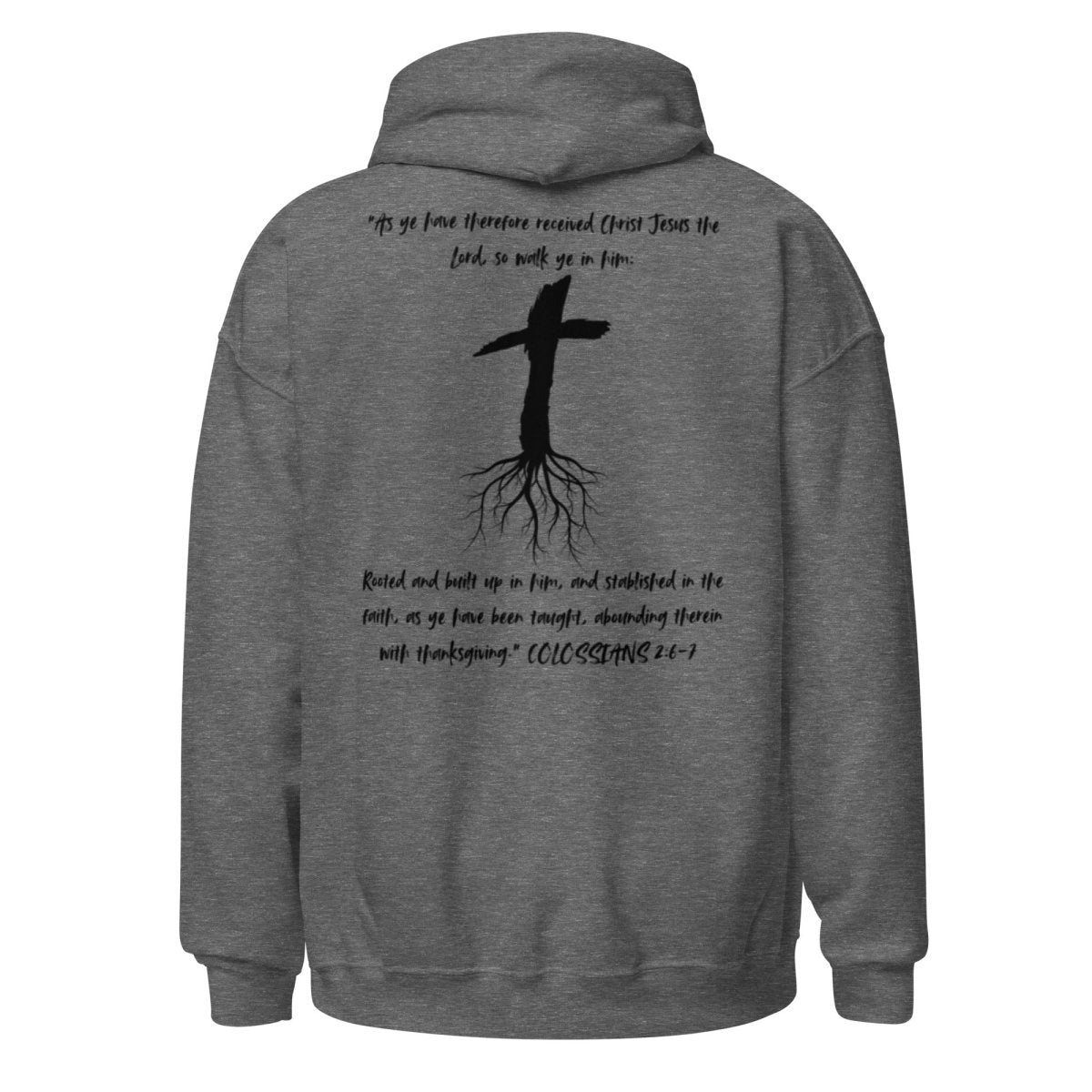 Back of Truth Matters Rooted Hoodie with Colossians 2:6-7 KJV: rooted and built up in him’ cozy fit in heather graphite grey.