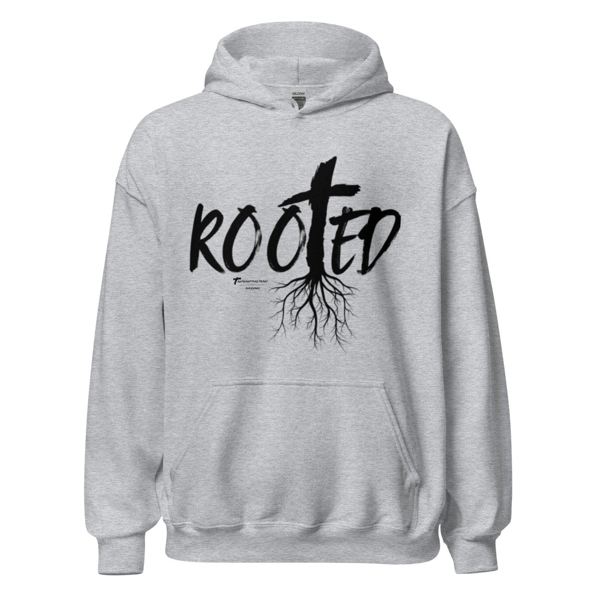 Front view of Truth Matters’ Rooted Hoodie with a cross and tree roots in ‘ROOTED’ on soft cotton-poly blend in sport grey.
