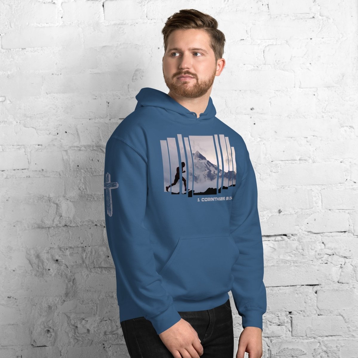 Man Wearing Truth Matters Run the Race 1 Corinthians 9:24 Hoodie sleeve with cross design