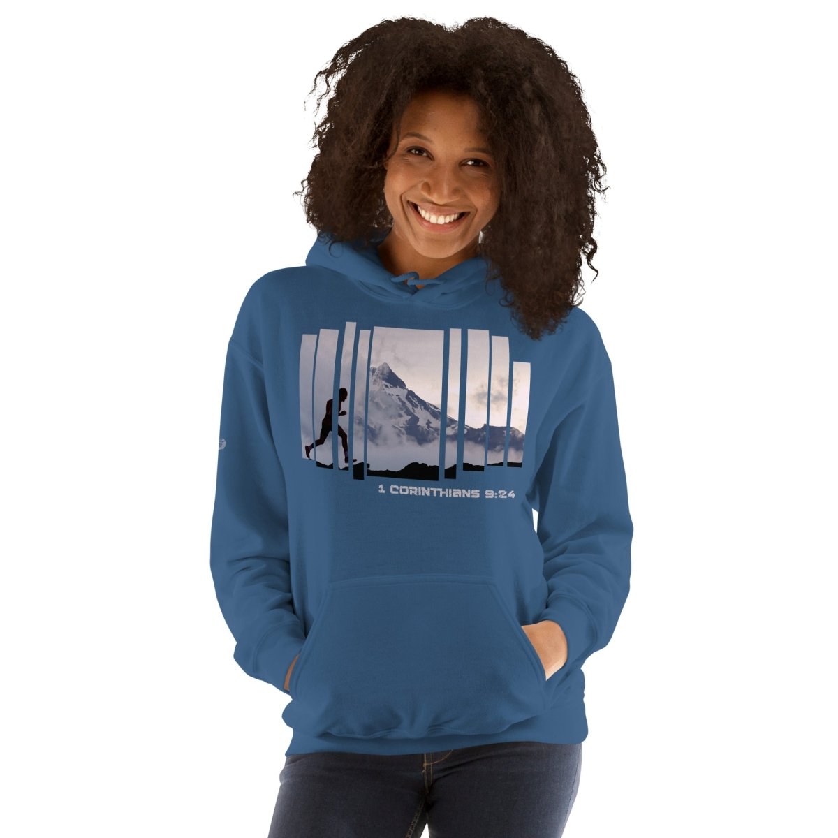 Woman wearing Truth Matters Run the Race 1 Corinthians 9:24 Hoodie front with runner image and Smoky Mountains