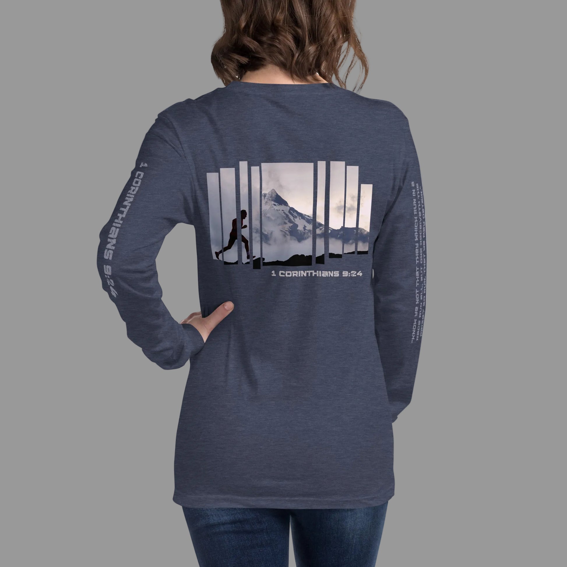Back of Truth Matters Run the Race long sleeve tee in Heather Navy, runner and mountains graphic with full KJV verse down the sleeve