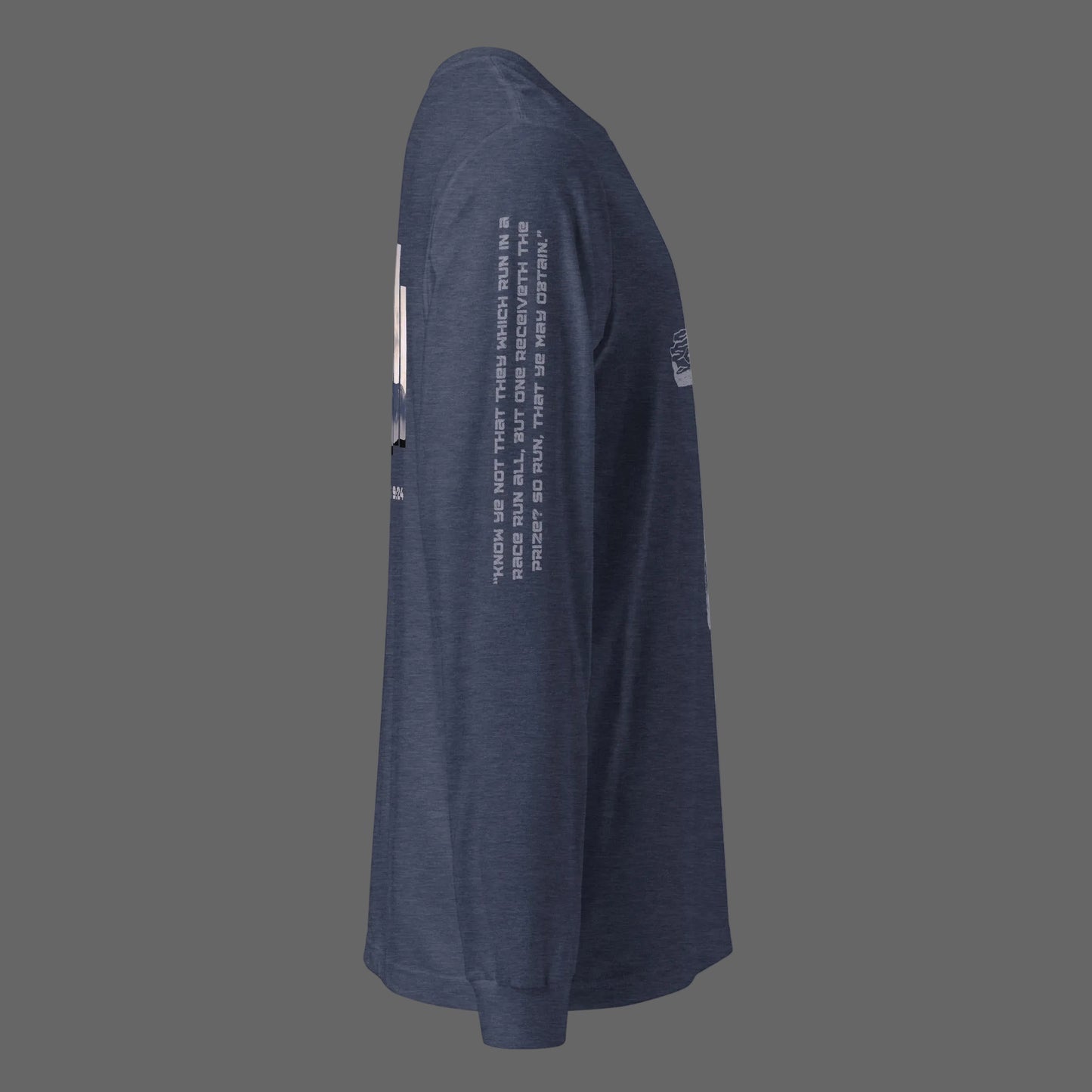 Sleeve of Truth Matters Run the Race long sleeve tee in Heather Navy with full KJV 1 Corinthians 9:24 verse down the arm