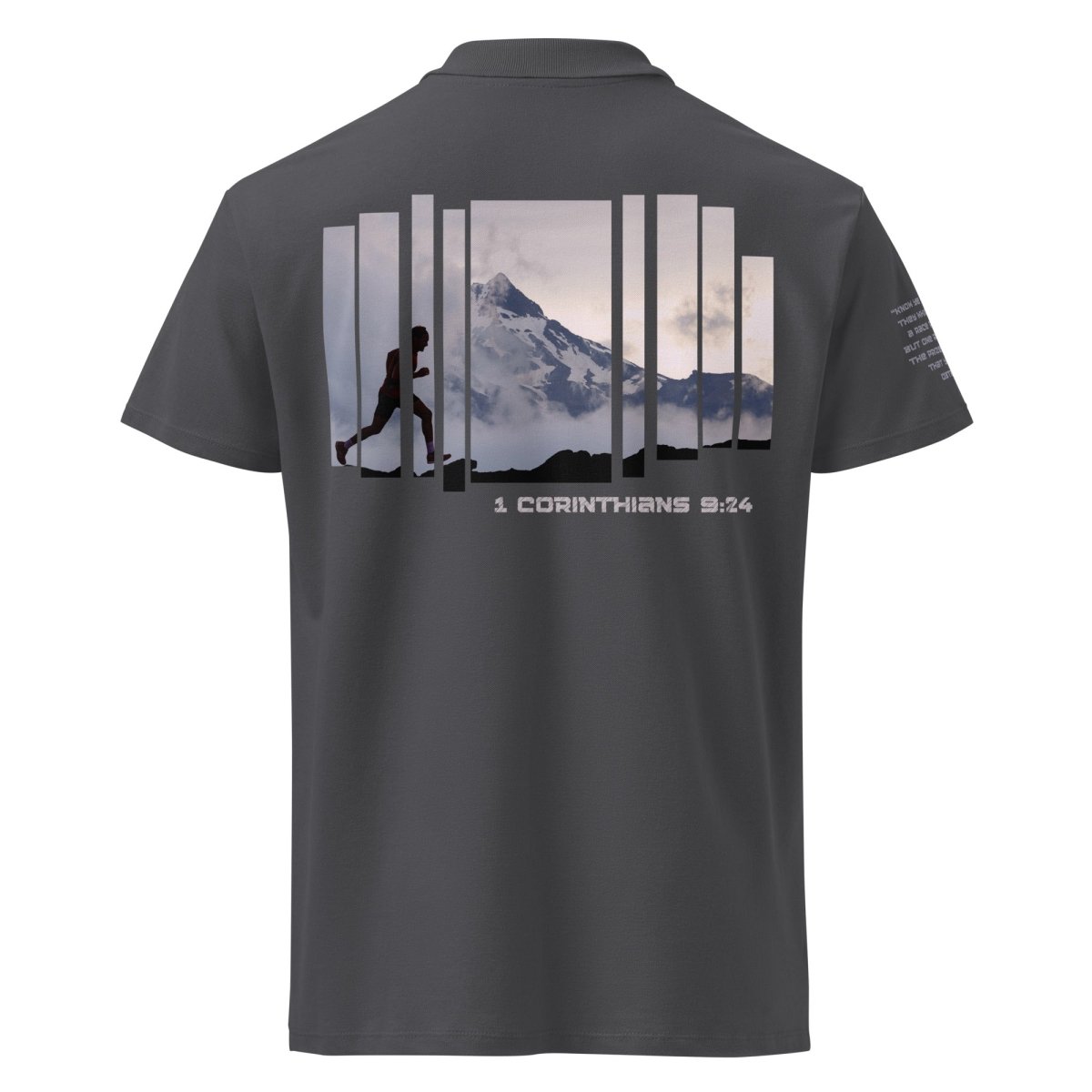 Truth Matters Run the Race 1 Corinthians 9:24 Polo Shirt back with runner silhouette, Smoky Mountains, and full KJV verse