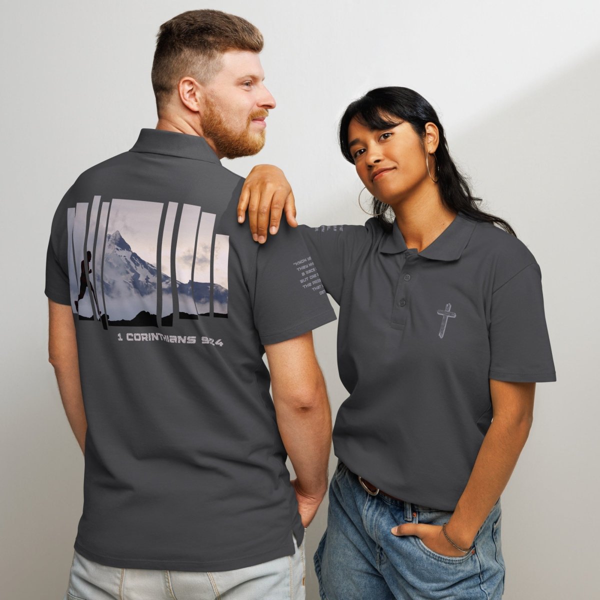Truth Matters Run the Race 1 Corinthians 9:24 Polo Shirt front with cross on left chest, back with runner in mountains, and sleeve with Full KJV verse.