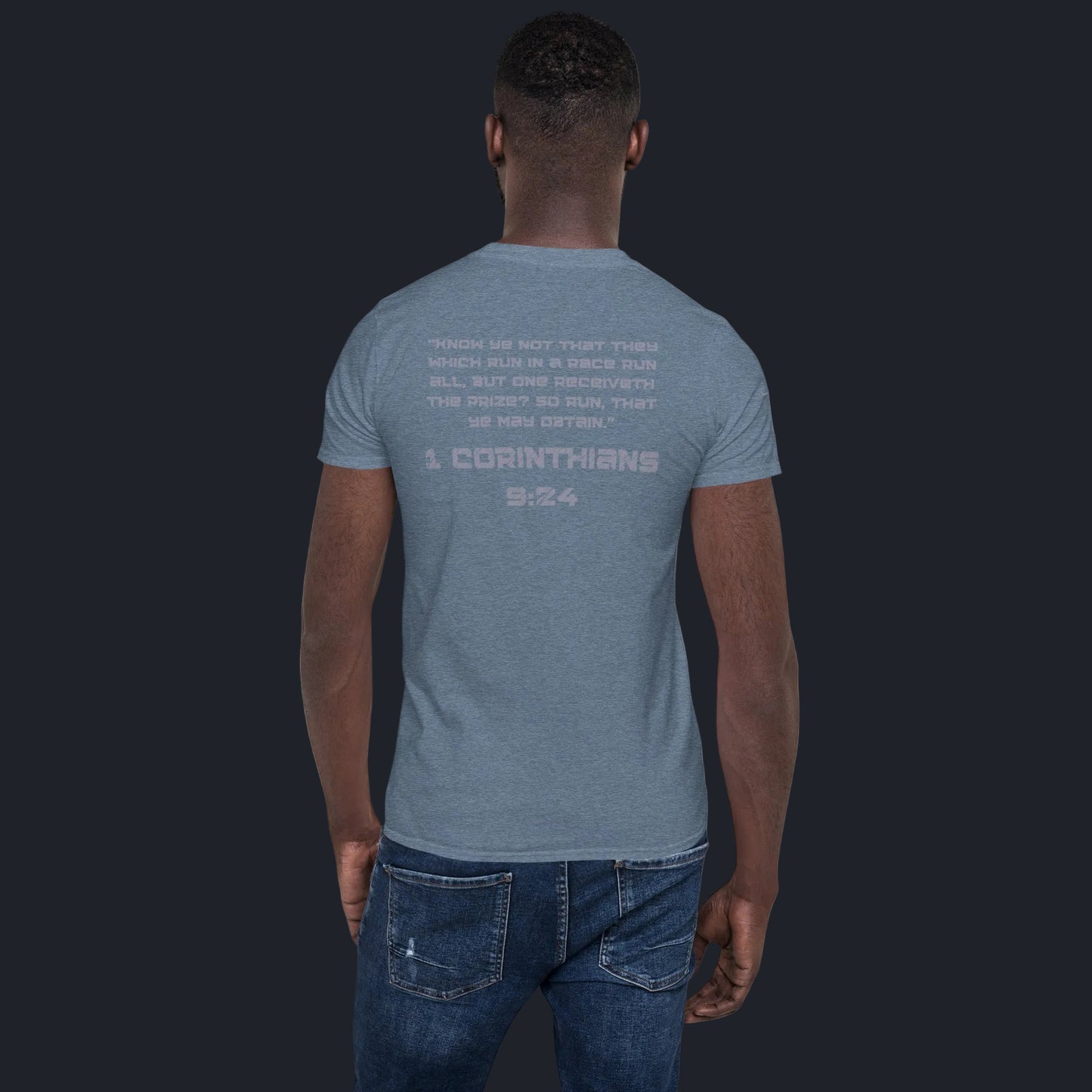 Back of Truth Matters Run the Race t-shirt in Heather Indigo with full KJV 1 Corinthians 9:24 verse