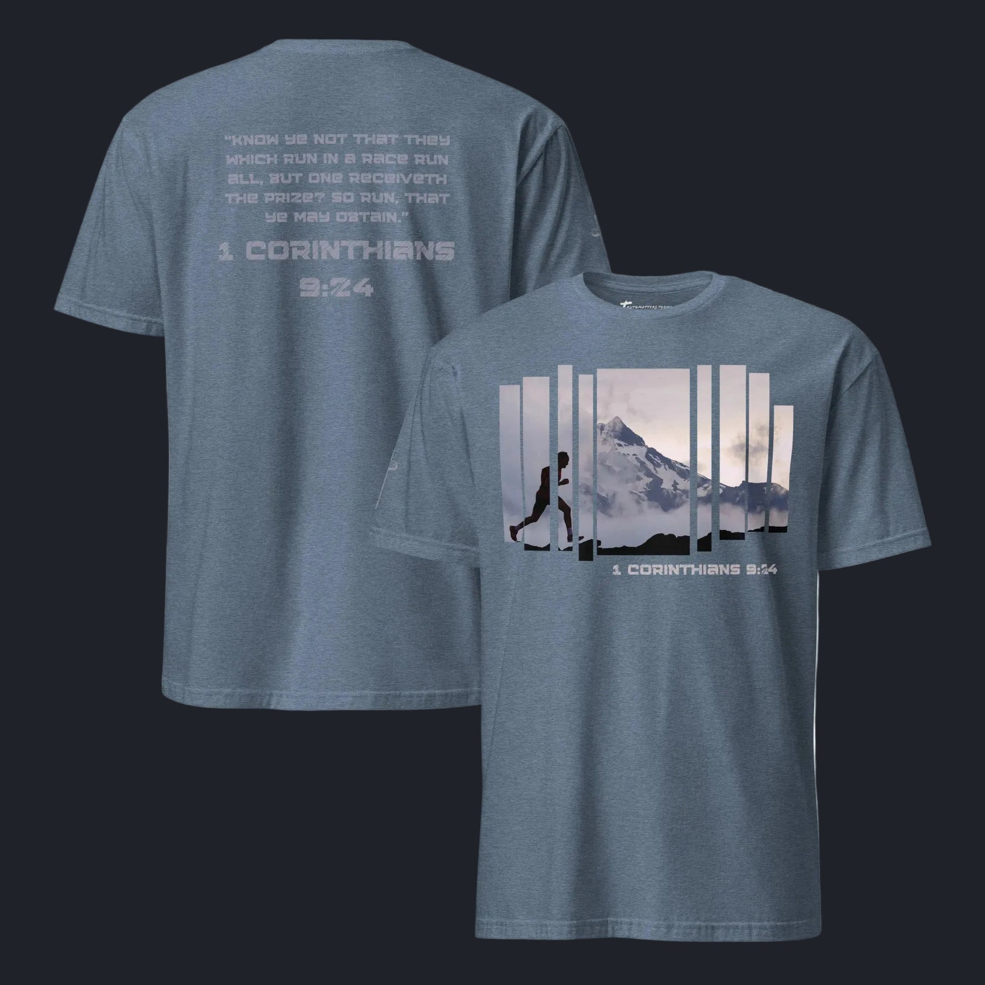 Truth Matters Run the Race t-shirt front and back in Heather Indigo, runner graphic on front and full KJV verse on back