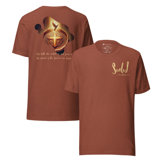 Truth Matters’ 2 Corinthians 1:22 T-Shirt front with ‘Sealed’, back with wax seal cross and verse in clay color.