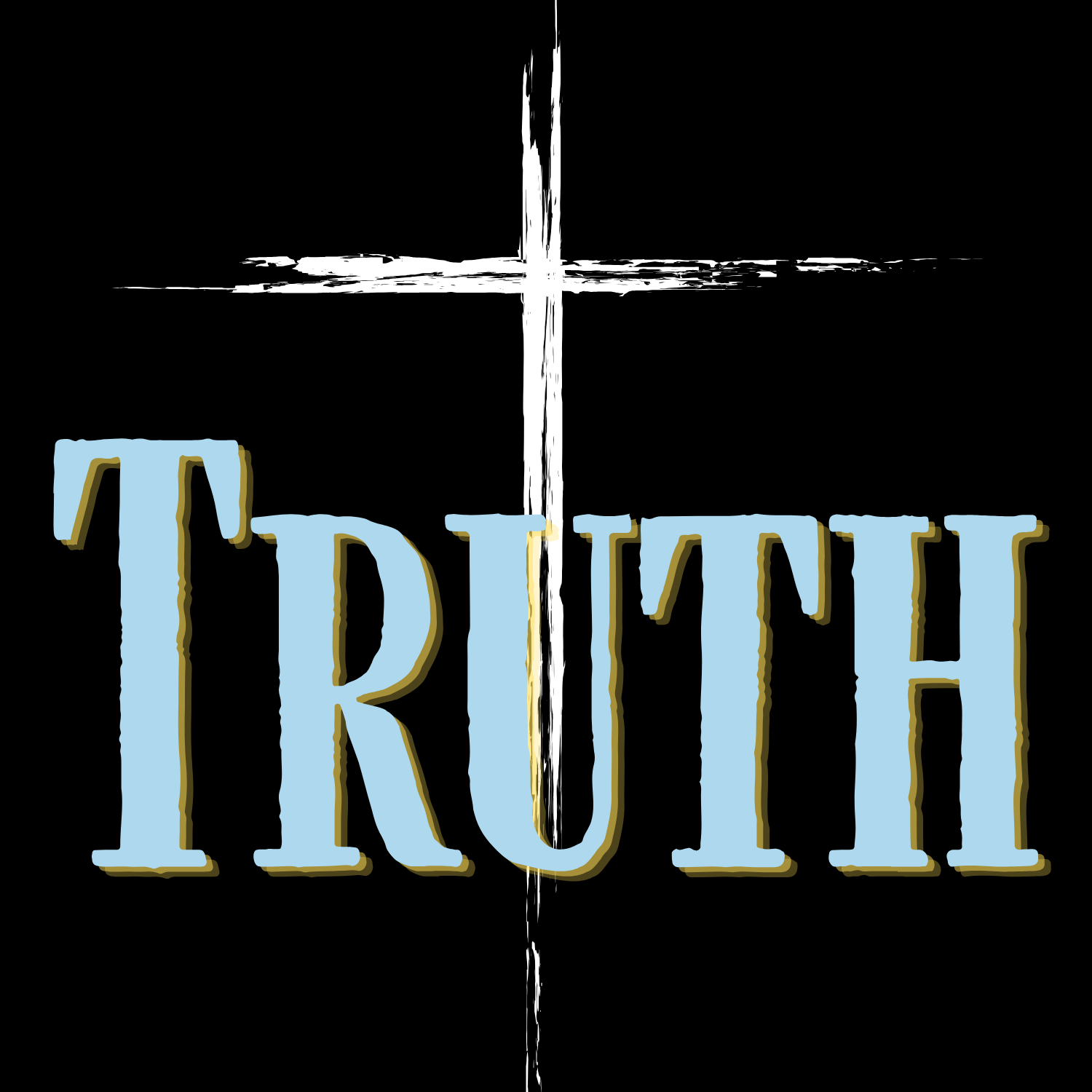 The word 'TRUTH' in large, light blue letters with a black cross above it on a black background.