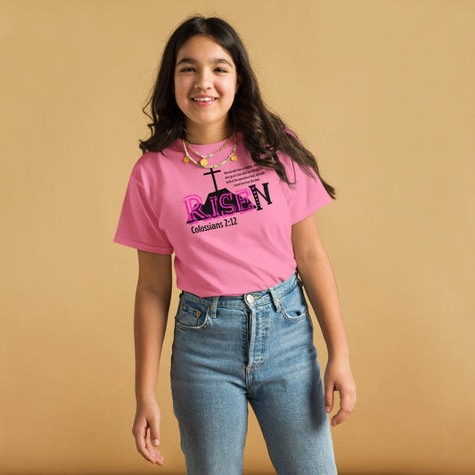 Youth wearing RISEN Colossians 2:12 t-shirt, classic fit 100% cotton Christian faith apparel for kids Easter gift