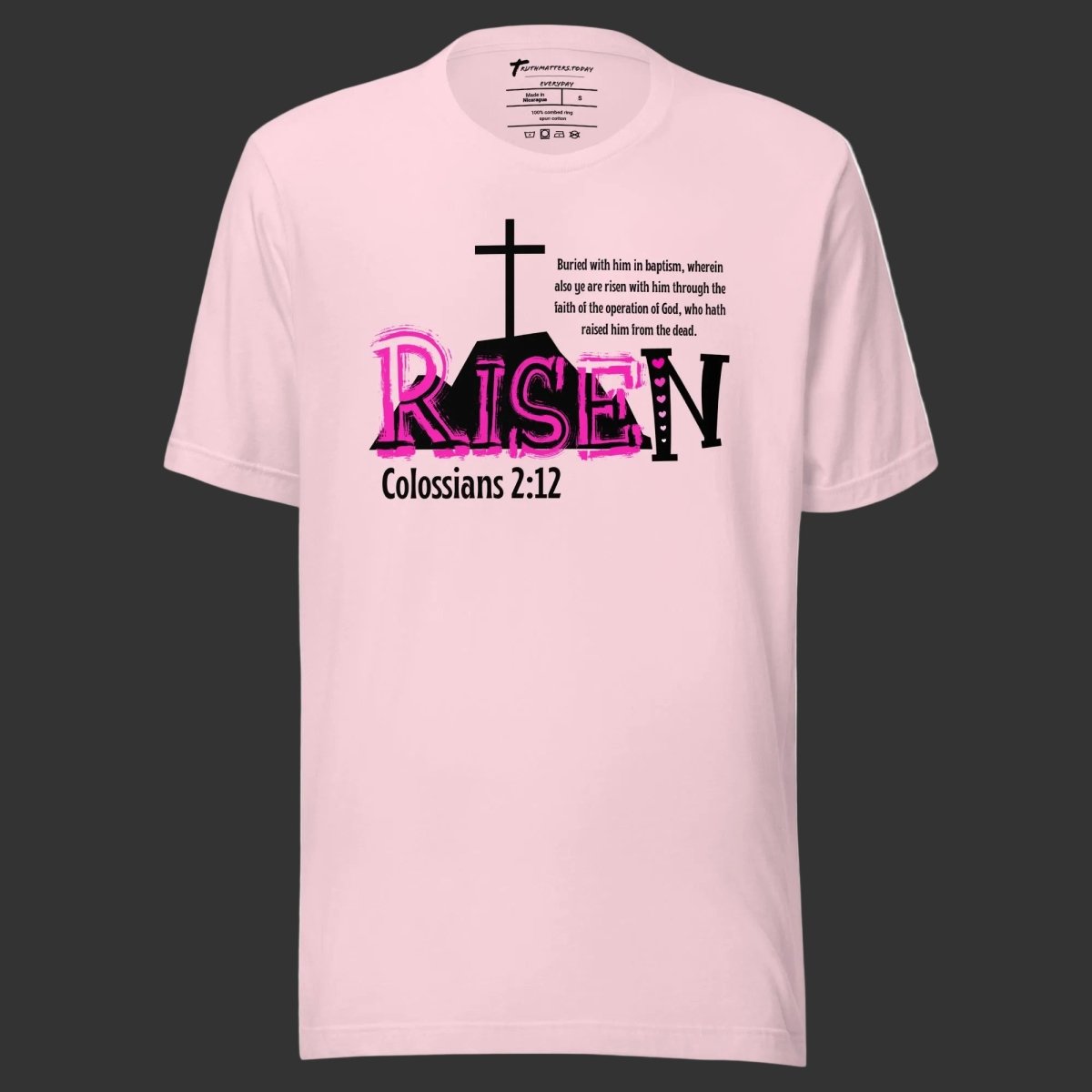 Colossians 2:12 RISEN adult tee, mountain cross backdrop Bible verse Easter shirt in pastel pink