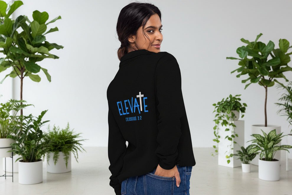 Back view of model wearing Elevate Christian quarter-zip pullover in black 