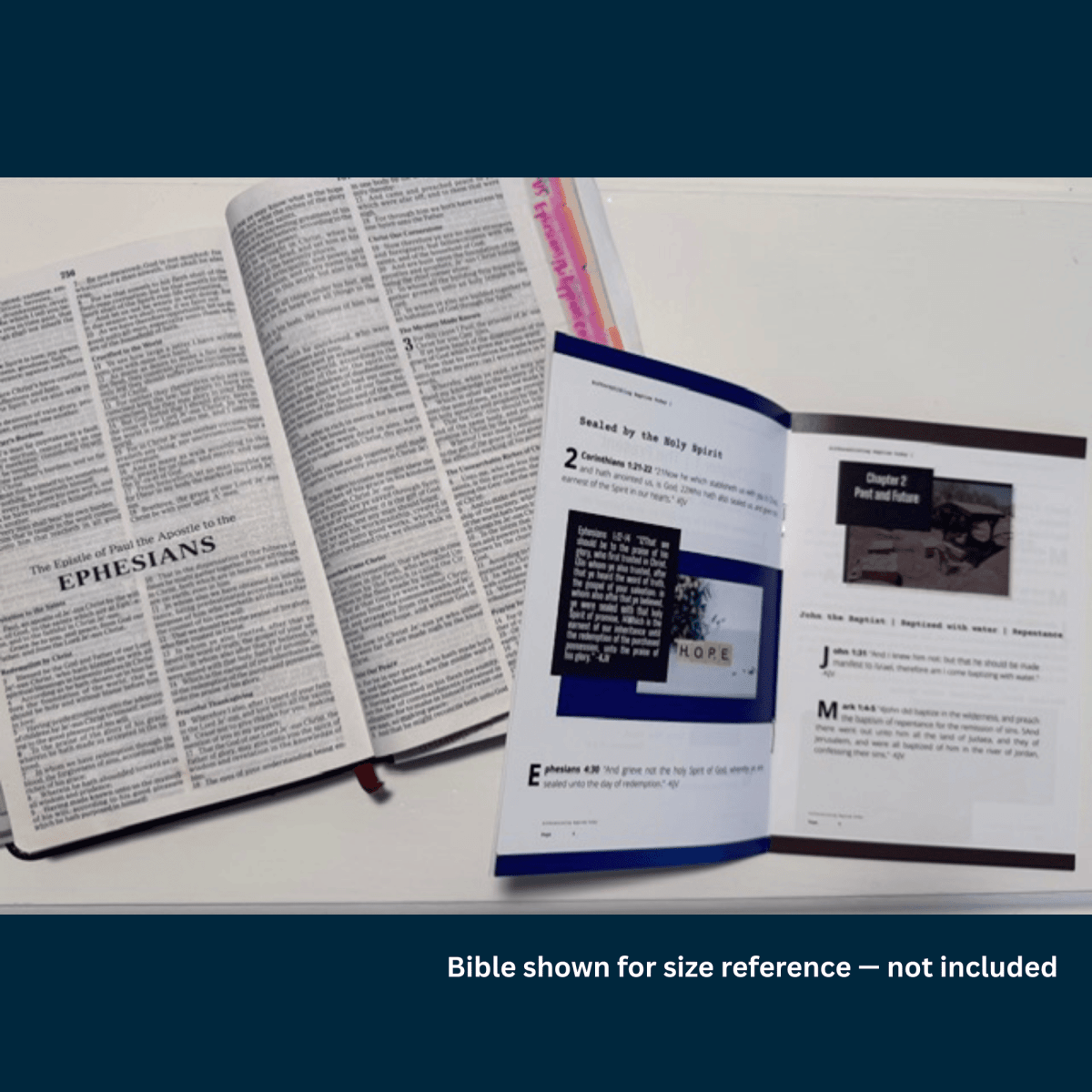 Open Differentiating Baptism Today pocket scripture reference showing interior KJV verse pages on being sealed by the Holy Spirit, beside an open Holy Bible at Ephesians (Bible not included), by Sean and Shalon Ramirez