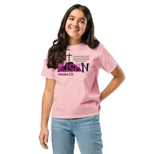  RISEN Colossians 2:12 youth t-shirt, pink black hearts mountain cross design, Christian baptism kids Easter gift tee