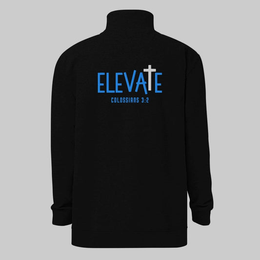 Back view of Elevate Christian quarter-zip pullover in black showing blue ELEVATE embroidery with white cross as the T and Colossians 3:2
