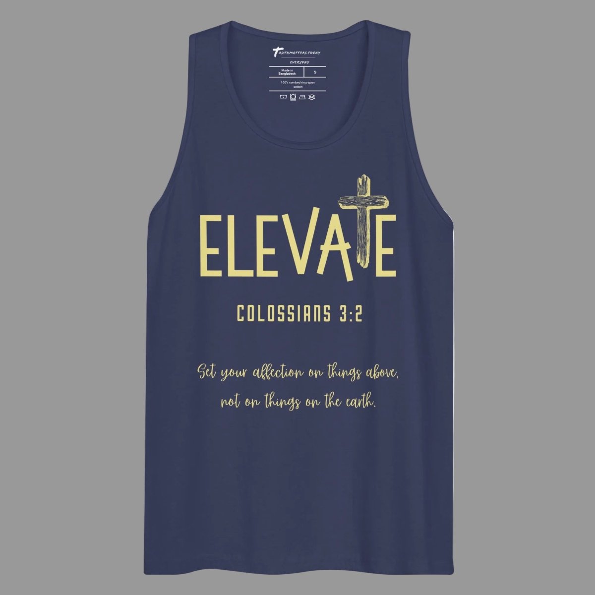 Elevate Tank Top in Harbor Blue featuring Colossians 3:2 with wooden cross design — front view, men's premium Christian tank top