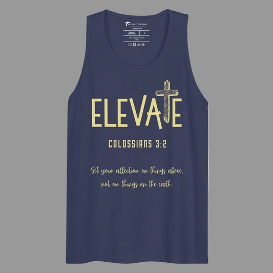 Elevate Tank Top in Harbor Blue featuring Colossians 3:2 with wooden cross design — front view, men's premium Christian tank top