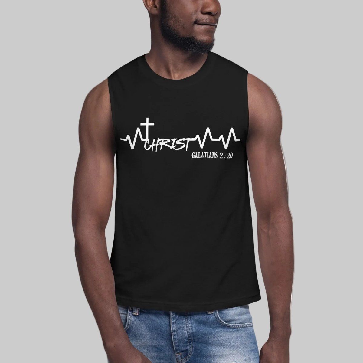Man wearing black Galatians 2:20 Christ heartbeat Christian tank top with cross and ECG heartbeat line design on the chest