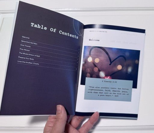 Open God's Will: How to Walk pocket scripture reference held in hand, showing the table of contents and Welcome page with a KJV 2 Timothy 2:22 verse, part two by Sean and Shalon Ramirez