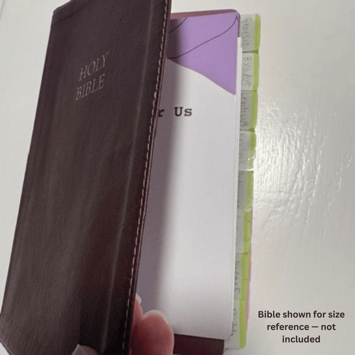 God's Will: How to Walk pocket scripture reference slipped inside the pages of a tabbed brown leather Holy Bible, showing how the slim 5x7 print fits (Bible not included), by Sean and Shalon Ramirez