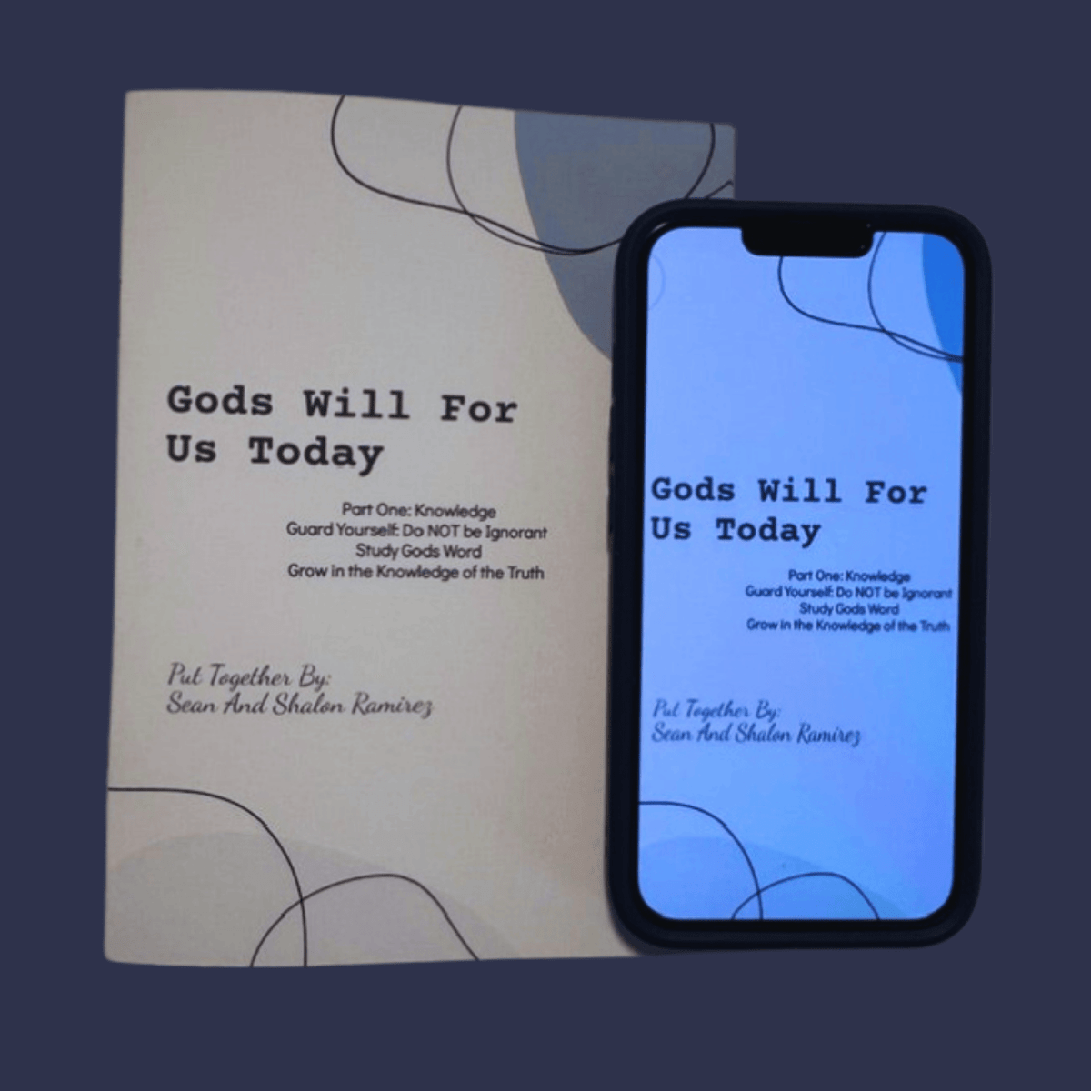 God's Will: Knowledge (Part One) bundle — printed 5x7 KJV pocket scripture reference beside a phone showing the matching ebook PDF edition, both by Sean and Shalon Ramirez