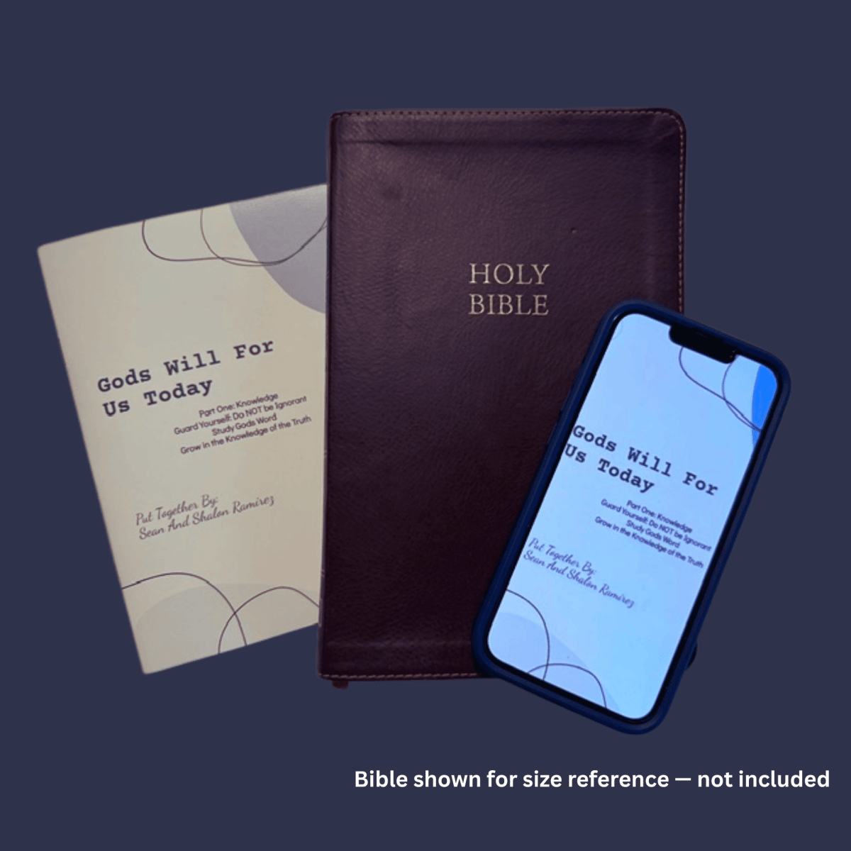 God's Will: Knowledge (Part One) bundle — printed 5x7 KJV pocket scripture reference and matching ebook PDF on a phone, shown beside a brown leather Holy Bible for size reference (Bible not included)