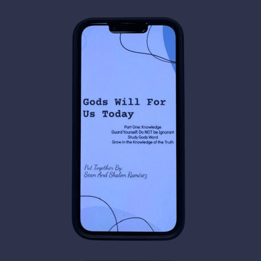 God's Will: Knowledge (Part One) ebook edition shown on a phone — an instant-download KJV scripture study PDF, "Gods Will For Us Today," by Sean and Shalon Ramirez