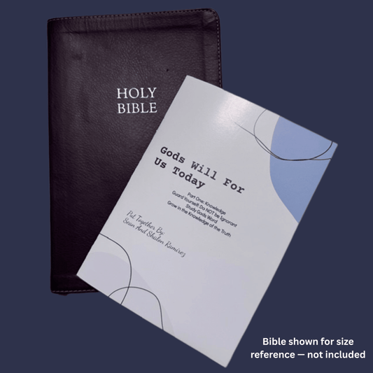 God's Will: Knowledge (Part One) printed 5x7 KJV pocket scripture reference shown beside a brown leather Holy Bible for size reference (Bible not included), by Sean and Shalon Ramirez