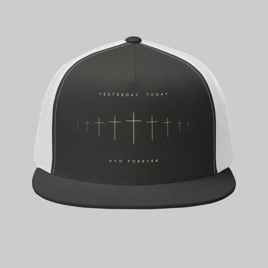 Charcoal and white Hebrews 13:8 trucker cap, front view, with Yesterday Today and Forever text and a row of crosses in a soundwave design
