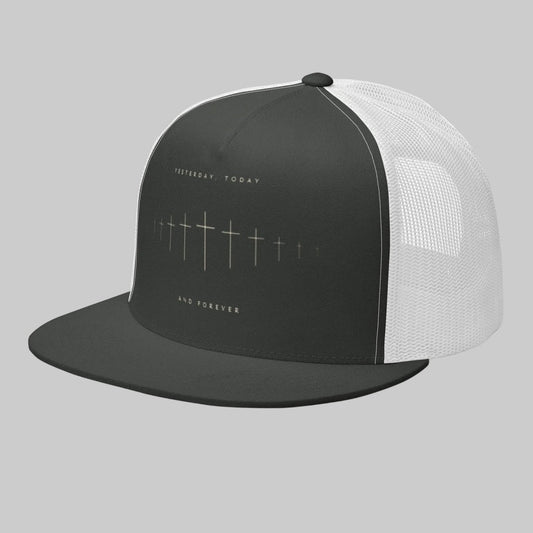 Charcoal and white Hebrews 13:8 trucker cap, side view, with Yesterday Today and Forever text and a row of crosses in a soundwave design