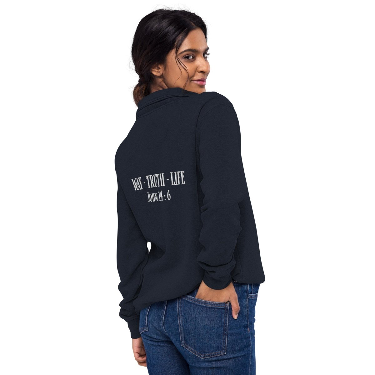 Woman wearing matching color zipper and soft fleece fabric on John 14:6 Christian quarter-zip pullover – premium relaxed fit KJV apparel – Truth Matters Today