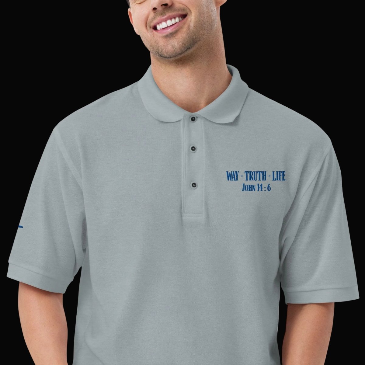 Close up of man wearing John 14:6 “I am the Way, the Truth, and the Life” embroidered Christian polo shirt –KJV faith apparel