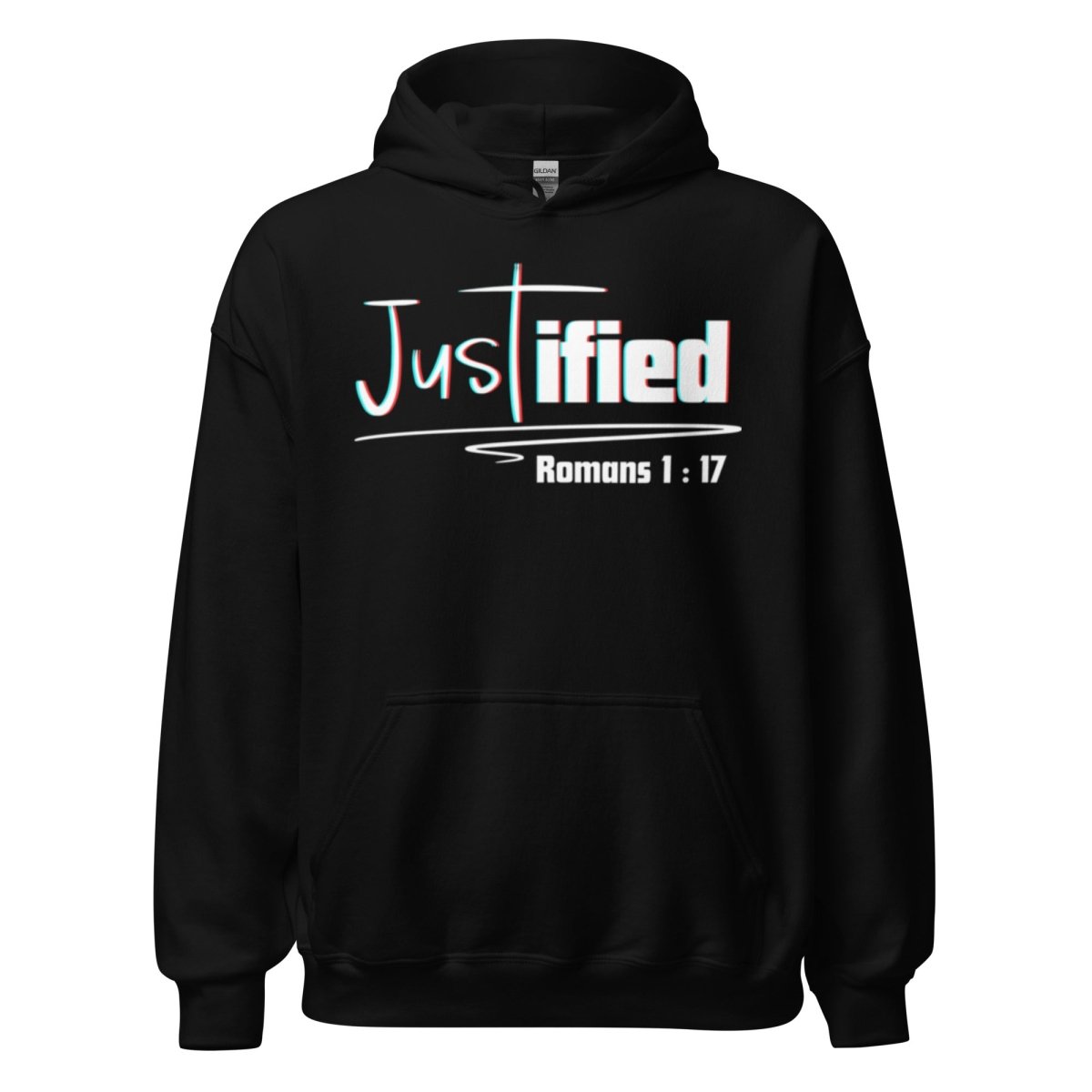 Justified Romans 1:17 Christian Hoodie in Black - Front View with KJV Bible Verse  