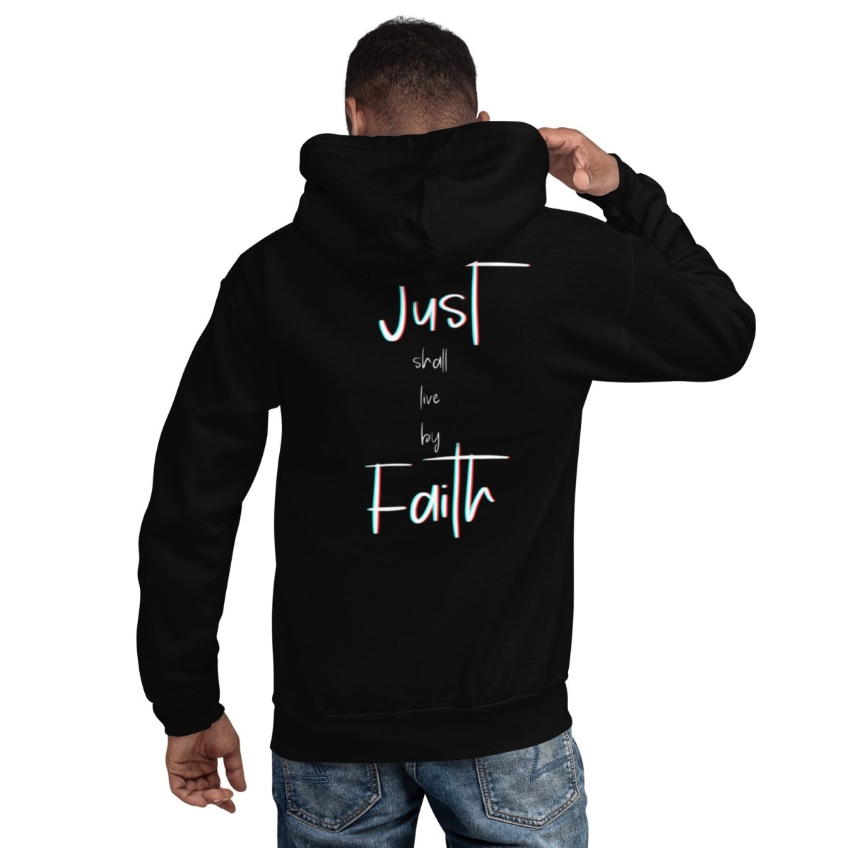 Person Wearing Justified Romans 1:17 Faith Hoodie in Black - Bible Verse Apparel