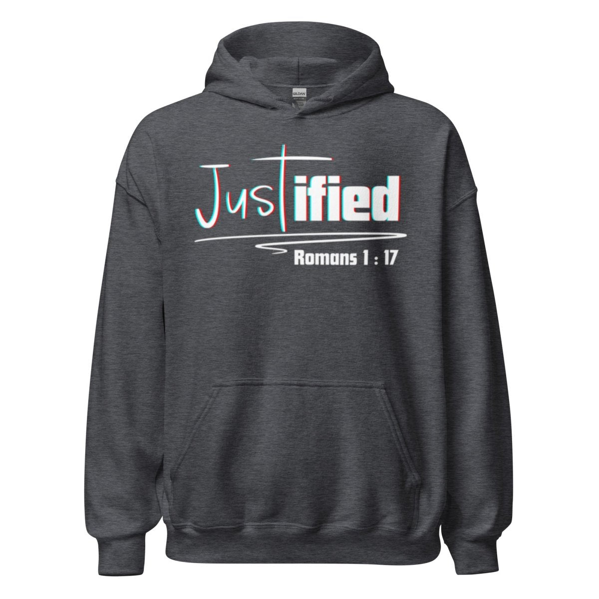 Justified Romans 1:17 Christian Hoodie in Heather Gray - Front View Bible Verse