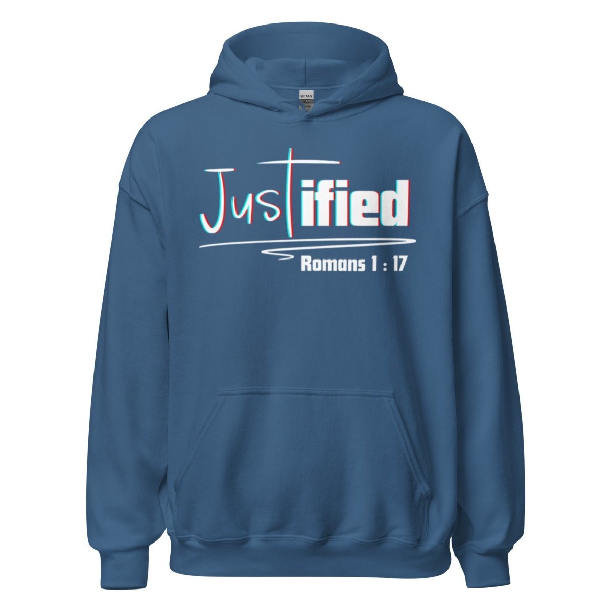 Justified Romans 1:17 Christian Hoodie in Indigo Blue - Front View with KJV Bible Verse Scripture Truth Matters
