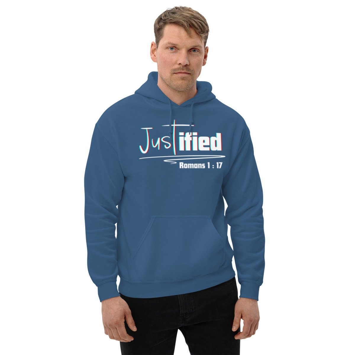 Person Wearing Justified Romans 1:17 Christian Hoodie in Indigo Blue - Faith Apparel from Truth Matters 
