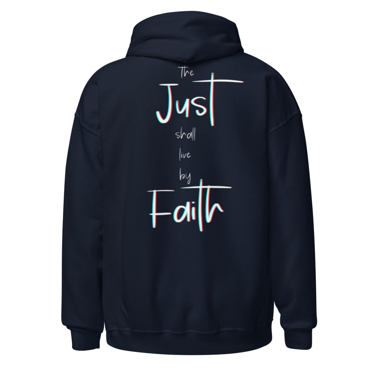 Justified Romans 1:17 Hoodie in Navy - Back View "The Just Shall Live By Faith" Spine