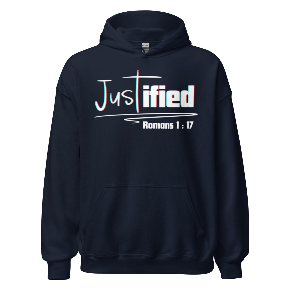 Justified Romans 1:17 Christian Hoodie in Navy - Front View with Romans 1:17 Scripture 