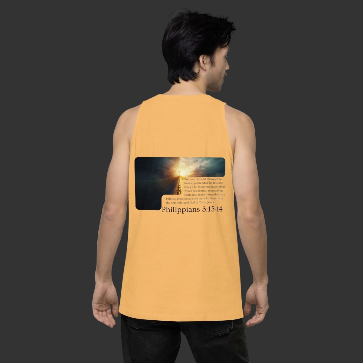 Back view of Press On t-shirt showing full Philippians 3:13-14 verse 