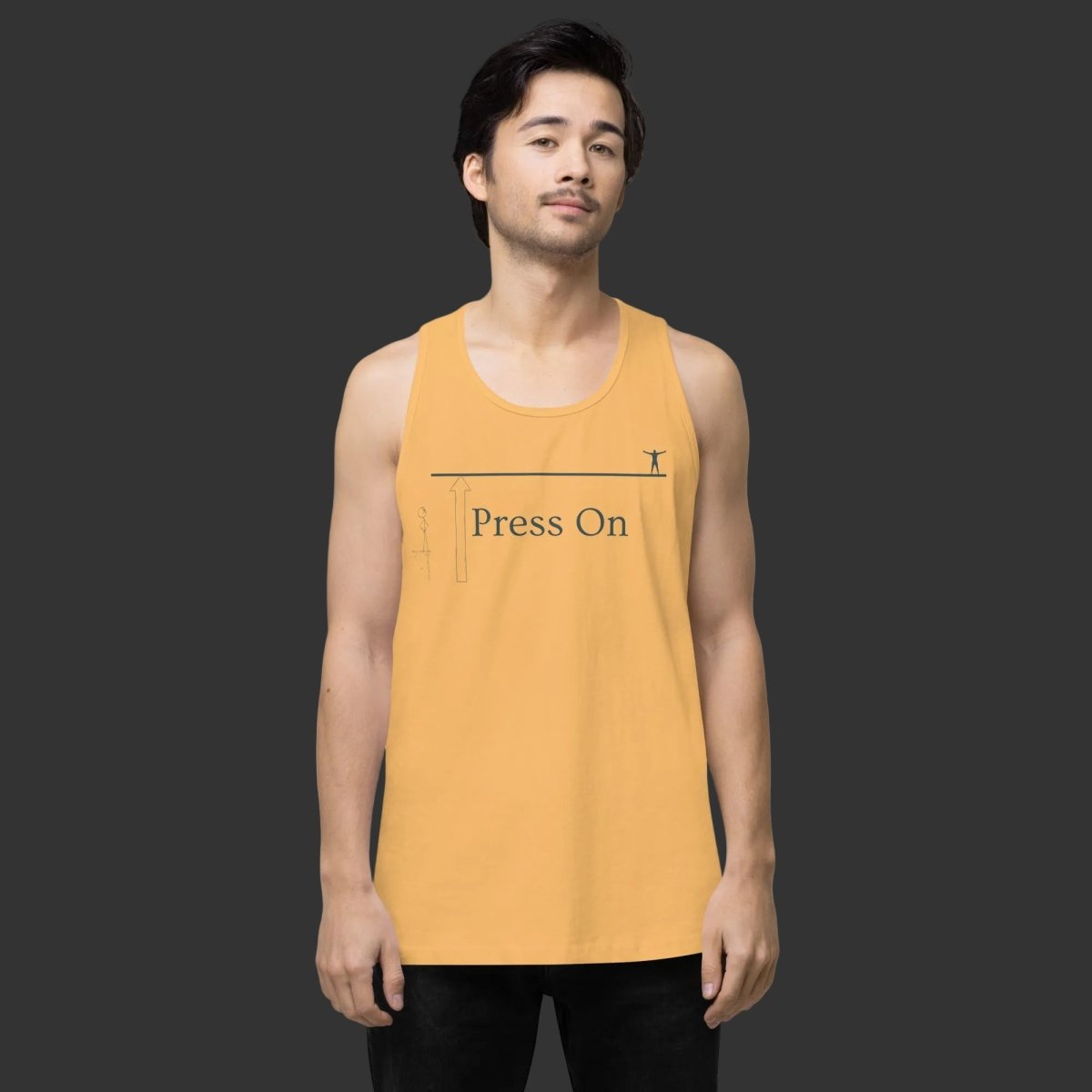 Man wearing humorous Press On Philippians 3:13-14 Christian t-shirt with stick figure design.