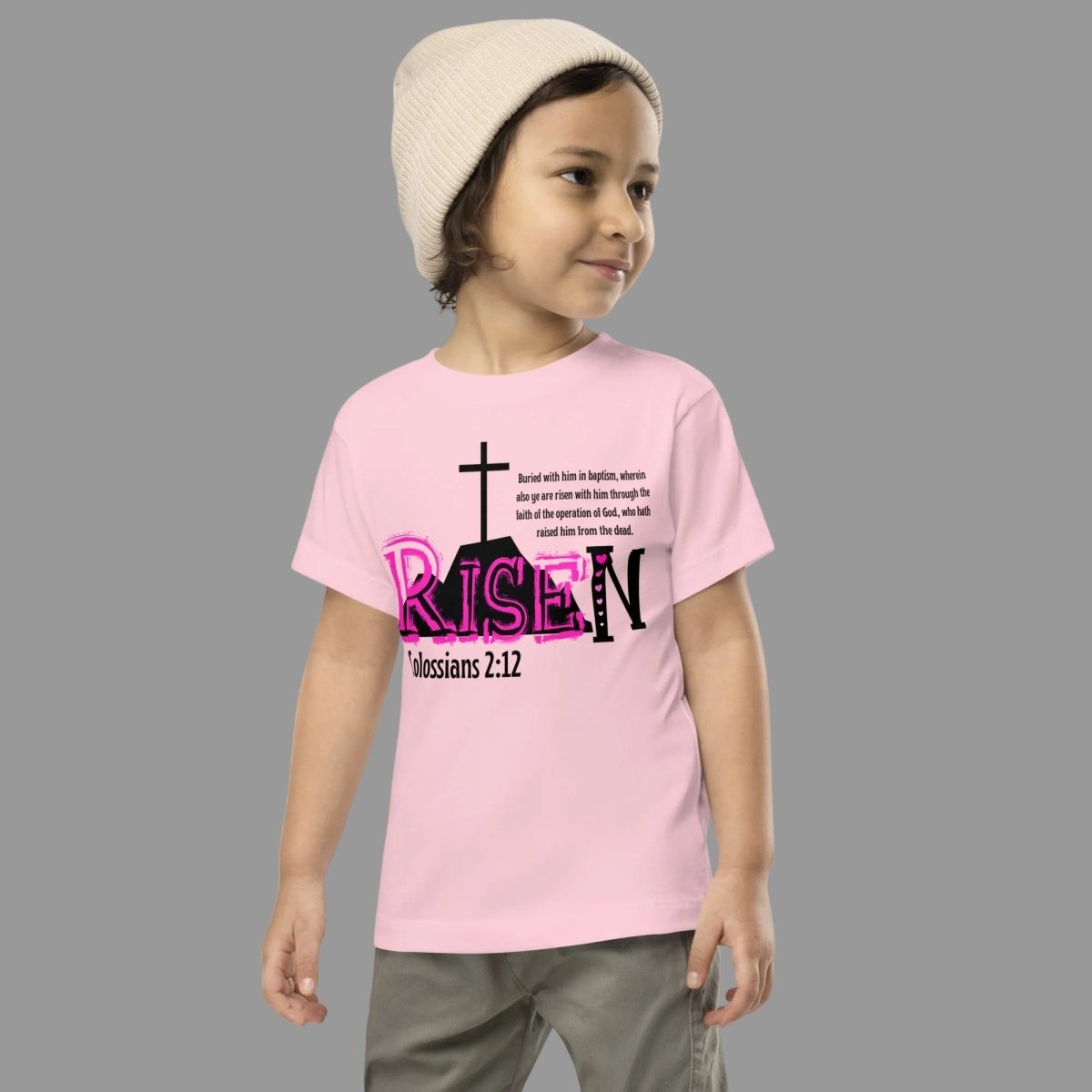 Front of RISEN Colossians 2:12 toddler t-shirt, pink black hearts mountain cross design, Christian baptism kids tee