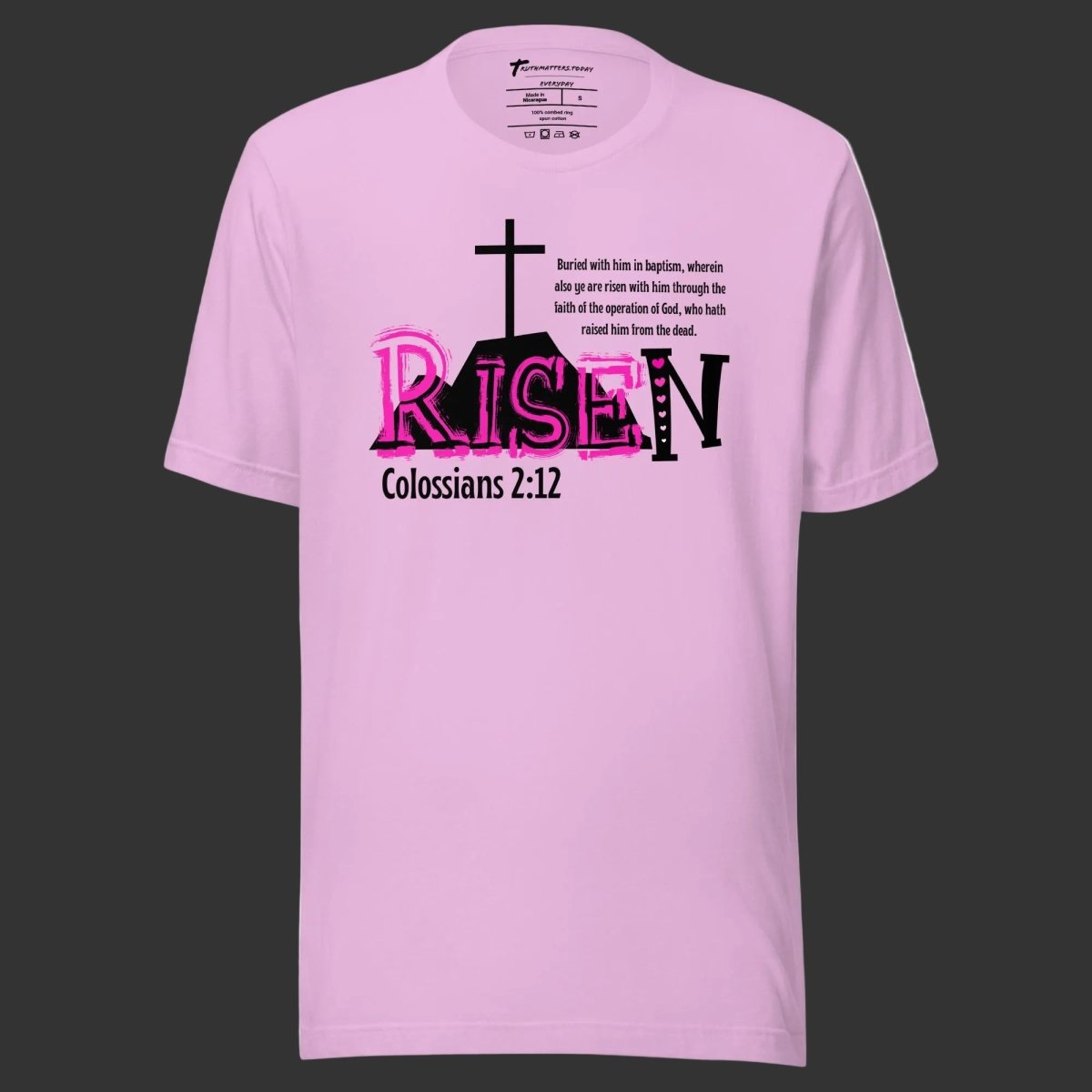 Colossians 2:12 RISEN adult tee, mountain cross backdrop Bible verse Easter shirt