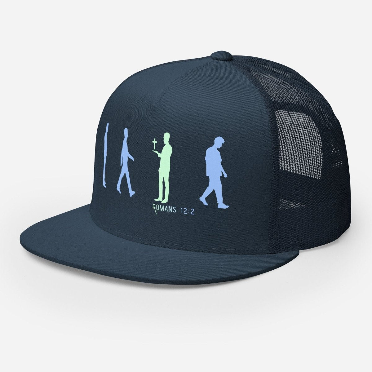 Side view of high-profile Romans 12:2 trucker hat with flat bill and snapback, Bible verse nonconformity design cap in Navy